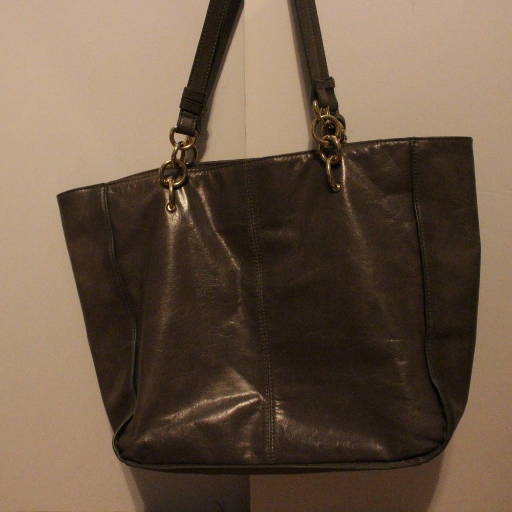 Badgley Mischka Warm Grey n Gold Leather Bag Purse - Picture 4 of 7